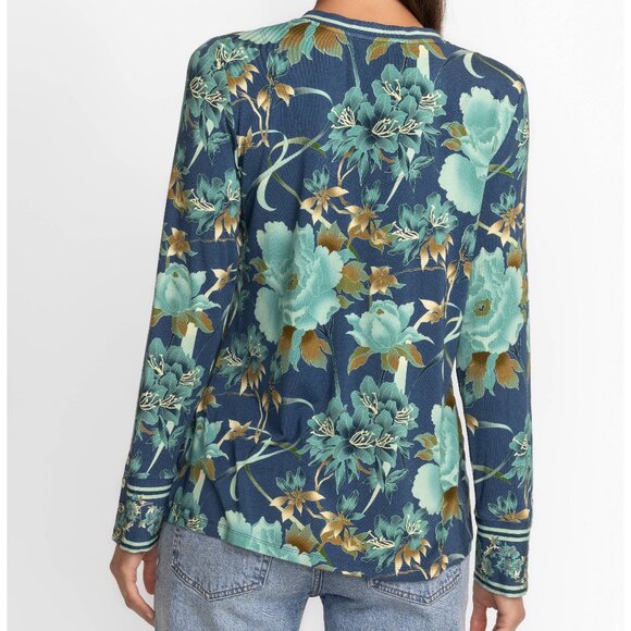 Johnny Was Janie Favorite Henley Peonee Long Blue Tee Floral Shirt Top Small NEW - Picture 5 of 10